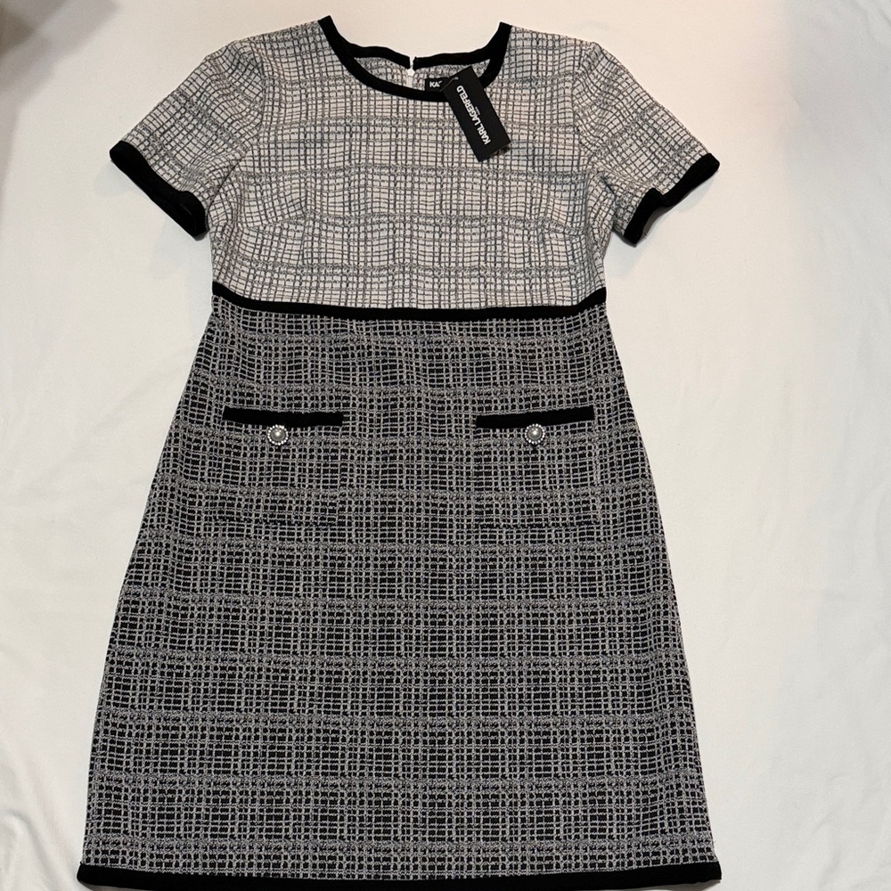 Karl Lagerfeld Black and White Patterned A-line Dress size 10 NWT